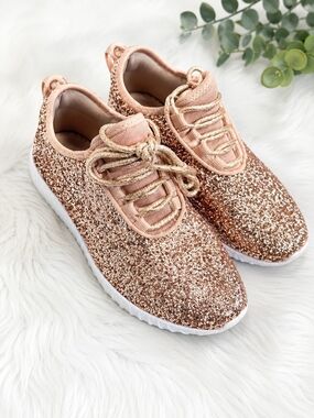 Sparkle Knit Lace-Up Sneakers in Rose Gold